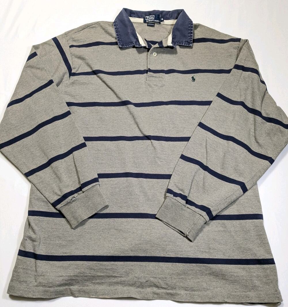 Vintage Polo Ralph Lauren Rugby Shirt Mens Xl Gray W/ Blue Stripes Made In Usa